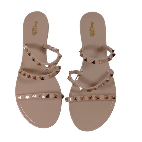 Charlotte Russe Shoes - Charlotte Women's NEW Shine Beige Gold Studded Jelly Slip-On Flat Strap Sandal 9